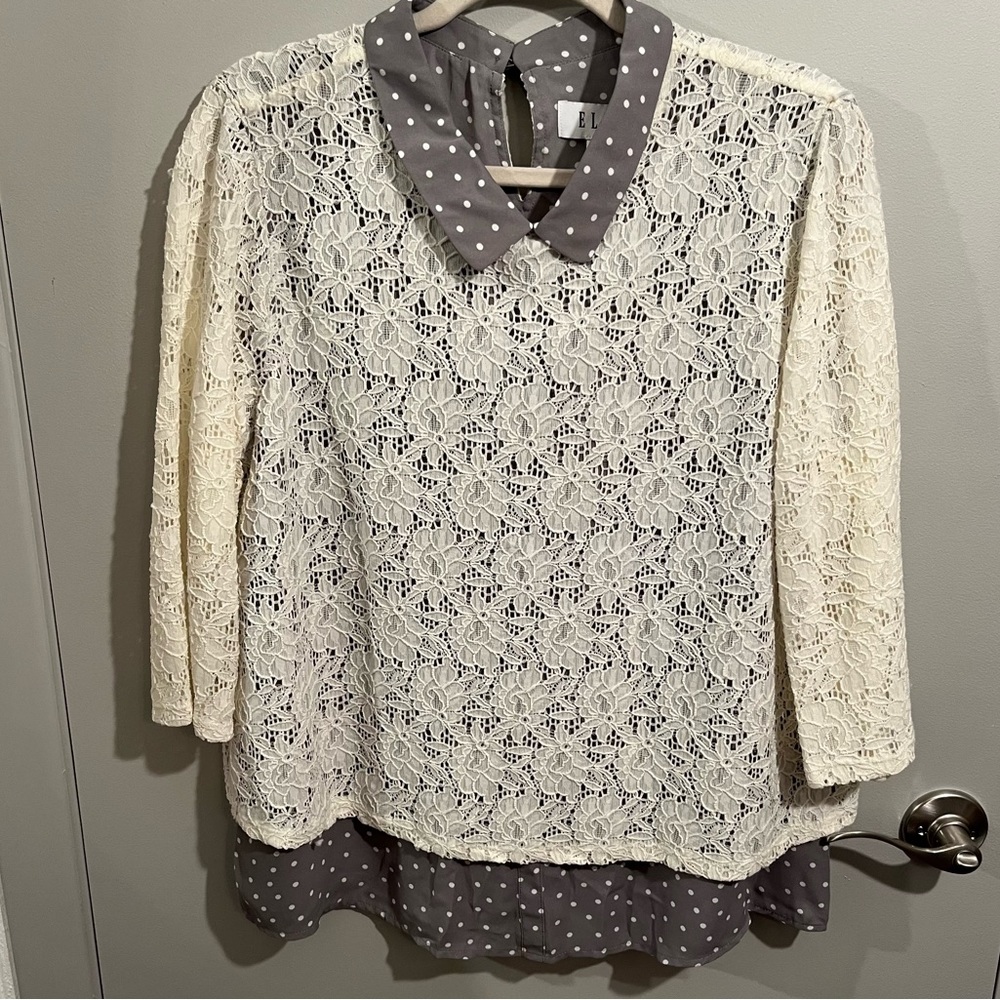NEW Elle Lace and Polka Dot Blouse